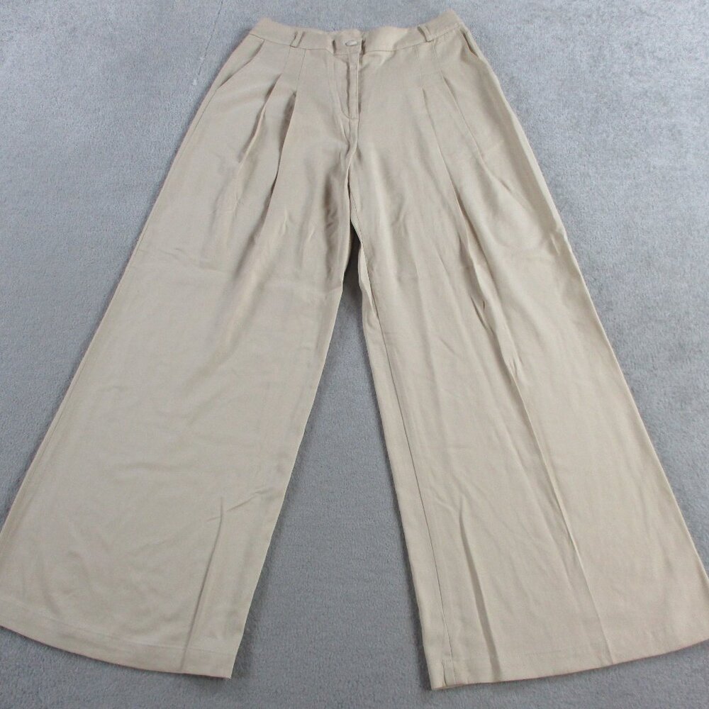 Amadi Wide Leg Pants Womens Medium Khaki Beige Tencel Blend Pleated High Waisted